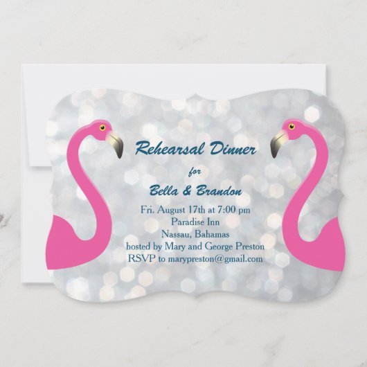 Sparkly Silver Flamingo Rehearsal Dinner nodigt ui Kaart (Voorkant)
