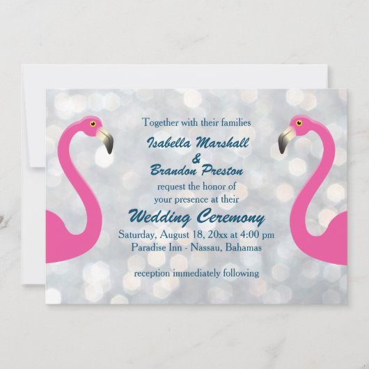 Sparkly Silver Flamingo Wedding Invitation Kaart (Voorkant)