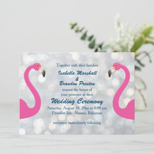 Sparkly Silver Flamingo Wedding Invitation Kaart (Staand voorkant)