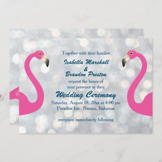 Sparkly Silver Flamingo Wedding Invitation Kaart (Voorkant / Achterkant)