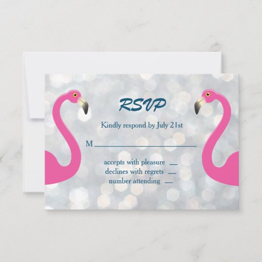 Sparkly Silver Flamingo Wedding RSVP (Voorkant)