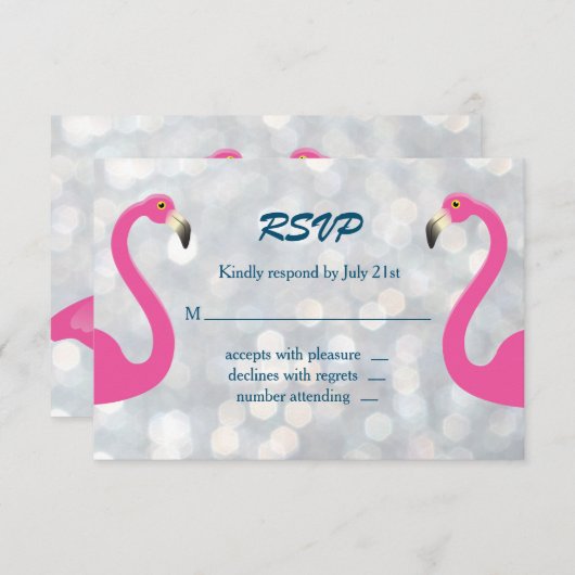 Sparkly Silver Flamingo Wedding RSVP (Voorkant / Achterkant)