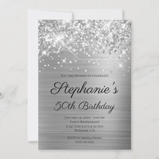 Sparkly Silver Foil Elegant Script 50th Birthday Kaart (Voorkant)