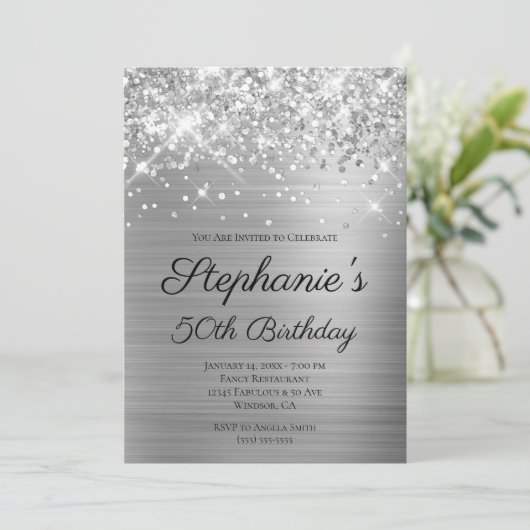 Sparkly Silver Foil Elegant Script 50th Birthday Kaart (Staand voorkant)