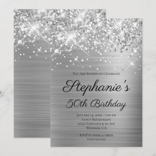Sparkly Silver Foil Elegant Script 50th Birthday Kaart (Voorkant / Achterkant)