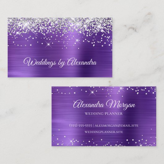 Sparkly Silver Glitter Amethyst Satin Folie Visitekaartje (Voorkant / Achterkant)