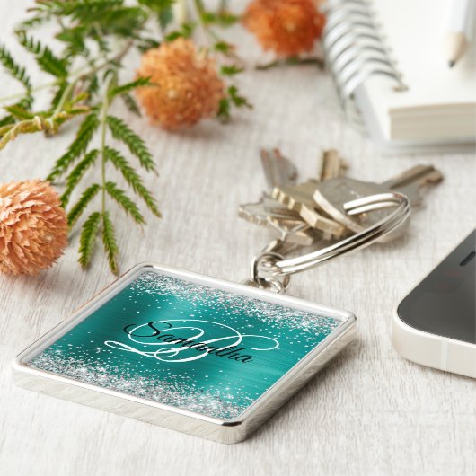 Sparkly Silver Glitter Aqua Blauwgroen Folie Monog Sleutelhanger (Zijkant)