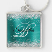 Sparkly Silver Glitter Aqua Blauwgroen Folie Monog Sleutelhanger (Voorkant)