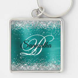 Sparkly Silver Glitter Aqua Blauwgroen Folie Monog Sleutelhanger