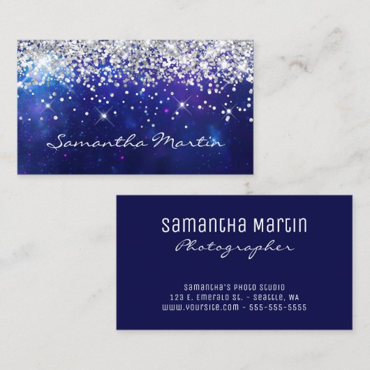 Sparkly Silver Glitter Aqua Blue Celestial Visitekaartje (Voorkant / Achterkant)
