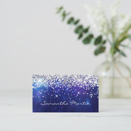Sparkly Silver Glitter Aqua Blue Celestial Visitekaartje (Staand voorkant)