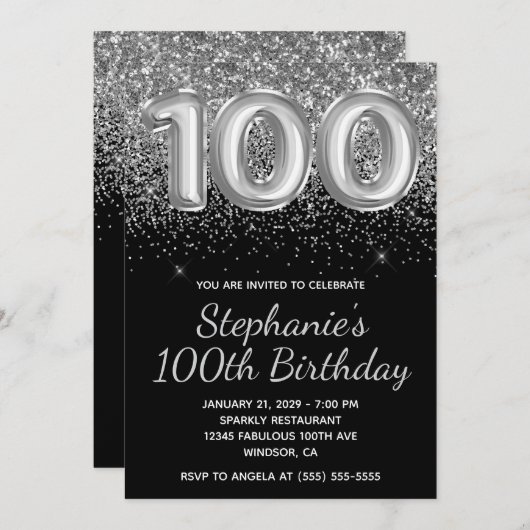 Sparkly Silver Glitter Black 100e verjaardag Kaart (Voorkant / Achterkant)