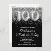 Sparkly Silver Glitter Black 100e verjaardag Uitnodiging Briefkaart (Voorkant / Achterkant)