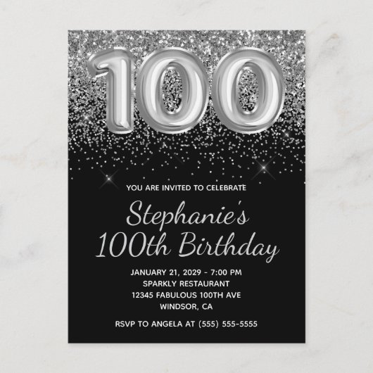 Sparkly Silver Glitter Black 100e verjaardag Uitnodiging Briefkaart (Voorkant)