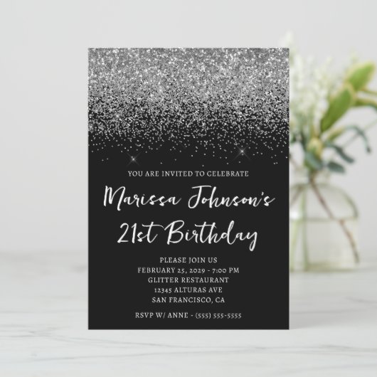 Sparkly Silver Glitter Black 21e verjaardag Kaart (Staand voorkant)