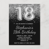 Sparkly Silver Glitter Black Balloon 18e verjaarda Uitnodiging Briefkaart (Voorkant)