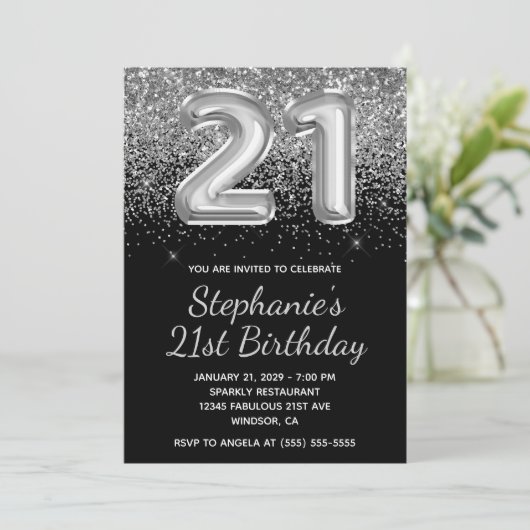 Sparkly Silver Glitter Black Balloon 21e verjaarda Kaart (Staand voorkant)