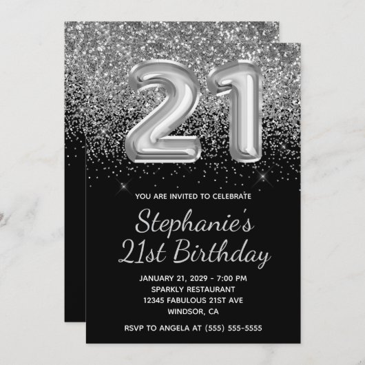 Sparkly Silver Glitter Black Balloon 21e verjaarda Kaart (Voorkant / Achterkant)