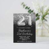 Sparkly Silver Glitter Black Balloon 21e verjaarda Uitnodiging Briefkaart (Staand voorkant)