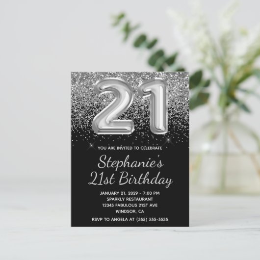Sparkly Silver Glitter Black Balloon 21e verjaarda Uitnodiging Briefkaart (Staand voorkant)