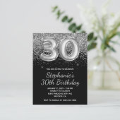 Sparkly Silver Glitter Black Balloon 30e verjaarda Uitnodiging Briefkaart (Staand voorkant)