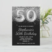 Sparkly Silver Glitter Black Balloon 50e verjaarda Kaart (Staand voorkant)