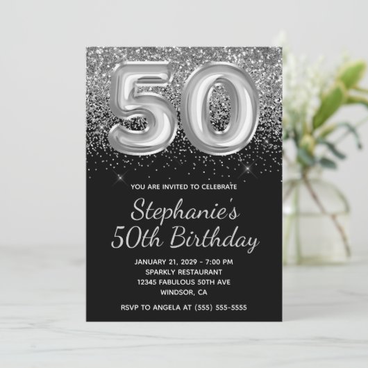 Sparkly Silver Glitter Black Balloon 50e verjaarda Kaart (Staand voorkant)