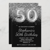 Sparkly Silver Glitter Black Balloon 50e verjaarda Kaart (Voorkant / Achterkant)