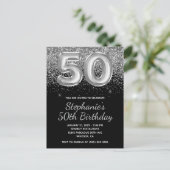 Sparkly Silver Glitter Black Balloon 50e verjaarda Uitnodiging Briefkaart (Staand voorkant)