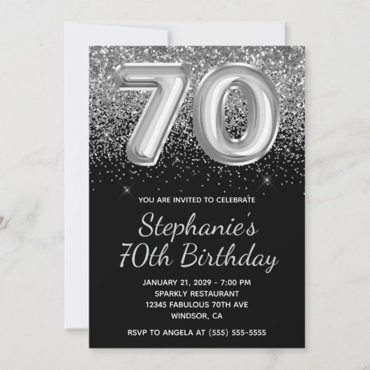 Sparkly Silver Glitter Black Balloon 70e verjaarda Kaart (Voorkant)