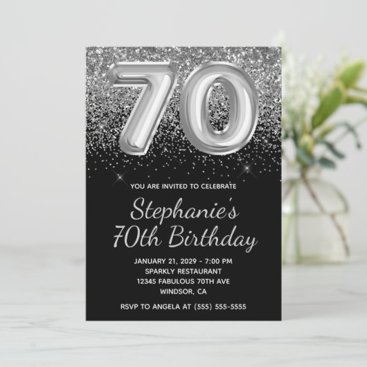 Sparkly Silver Glitter Black Balloon 70e verjaarda Kaart (Staand voorkant)