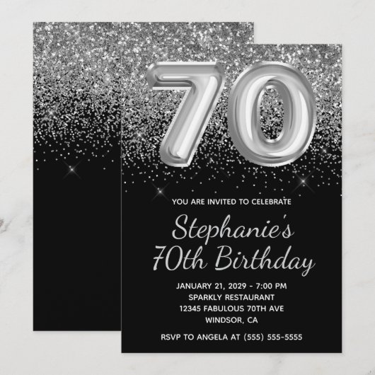 Sparkly Silver Glitter Black Balloon 70e verjaarda Kaart (Voorkant / Achterkant)