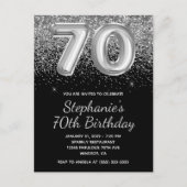 Sparkly Silver Glitter Black Balloon 70e verjaarda Uitnodiging Briefkaart (Voorkant)