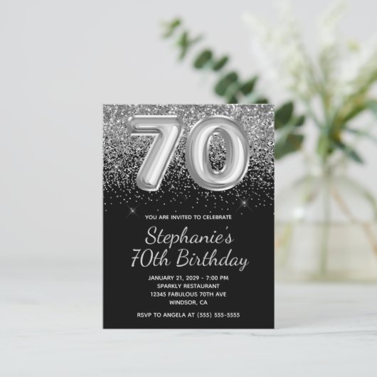 Sparkly Silver Glitter Black Balloon 70e verjaarda Uitnodiging Briefkaart (Staand voorkant)
