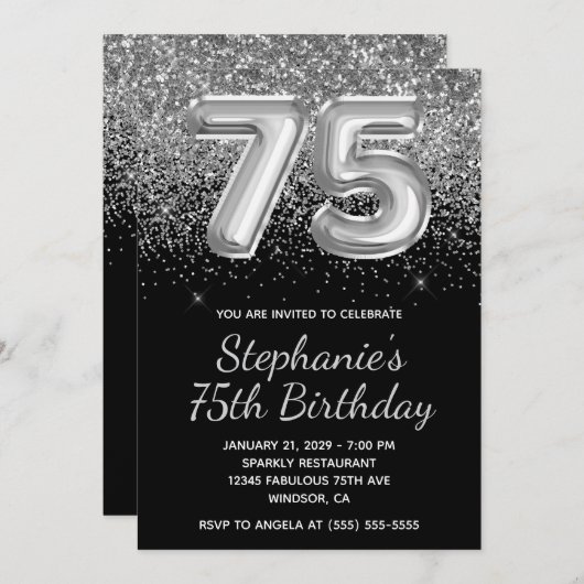 Sparkly Silver Glitter Black Balloon 75e verjaarda Kaart (Voorkant / Achterkant)
