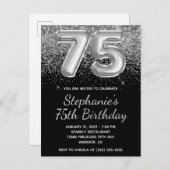 Sparkly Silver Glitter Black Balloon 75e verjaarda Uitnodiging Briefkaart (Voorkant / Achterkant)