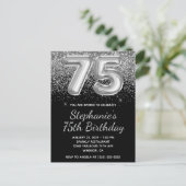 Sparkly Silver Glitter Black Balloon 75e verjaarda Uitnodiging Briefkaart (Staand voorkant)