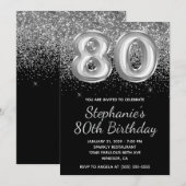 Sparkly Silver Glitter Black Balloon 80e verjaarda Kaart (Voorkant / Achterkant)
