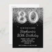 Sparkly Silver Glitter Black Balloon 80e verjaarda Uitnodiging Briefkaart (Voorkant / Achterkant)