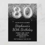 Sparkly Silver Glitter Black Balloon 80e verjaarda Uitnodiging Briefkaart (Voorkant)