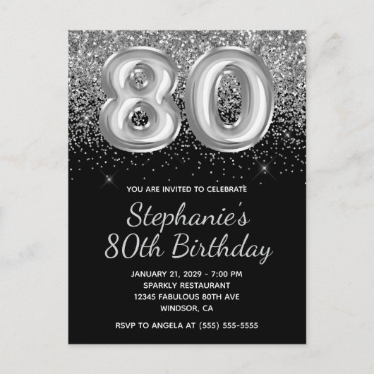 Sparkly Silver Glitter Black Balloon 80e verjaarda Uitnodiging Briefkaart (Voorkant)