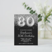 Sparkly Silver Glitter Black Balloon 80e verjaarda Uitnodiging Briefkaart (Staand voorkant)