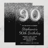 Sparkly Silver Glitter Black Balloon 90e verjaarda Kaart (Voorkant / Achterkant)