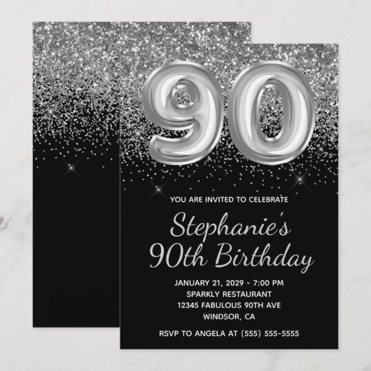 Sparkly Silver Glitter Black Balloon 90e verjaarda Kaart (Voorkant / Achterkant)