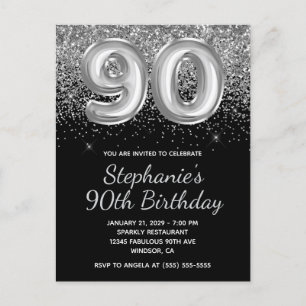 Sparkly Silver Glitter Black Balloon 90e verjaarda Uitnodiging Briefkaart