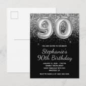 Sparkly Silver Glitter Black Balloon 90e verjaarda Uitnodiging Briefkaart (Voorkant / Achterkant)
