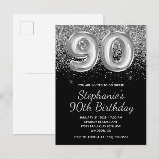 Sparkly Silver Glitter Black Balloon 90e verjaarda Uitnodiging Briefkaart (Voorkant / Achterkant)
