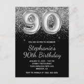 Sparkly Silver Glitter Black Balloon 90e verjaarda Uitnodiging Briefkaart (Voorkant)
