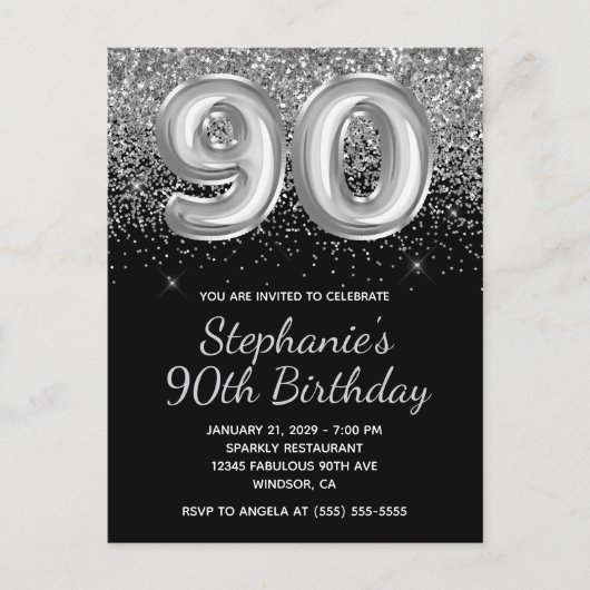 Sparkly Silver Glitter Black Balloon 90e verjaarda Uitnodiging Briefkaart (Voorkant)