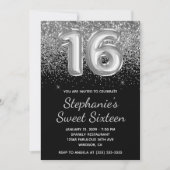 Sparkly Silver Glitter Black Balloon Sweet Sixteen Kaart (Voorkant)